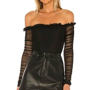 NBD Black Off-Shoulder Ruffle Sheer Mesh Bodysuit S